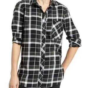 Athleta Womens‎ Button Up Shirt Green White Plaid Pocket Collared Long Sleeve XS